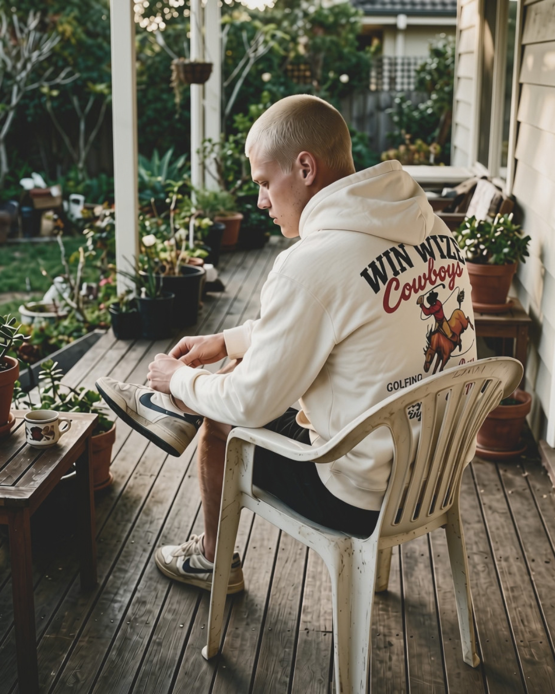 Man på en veranda i WIN WIZE Cowboys-hoodie som knyter skorna