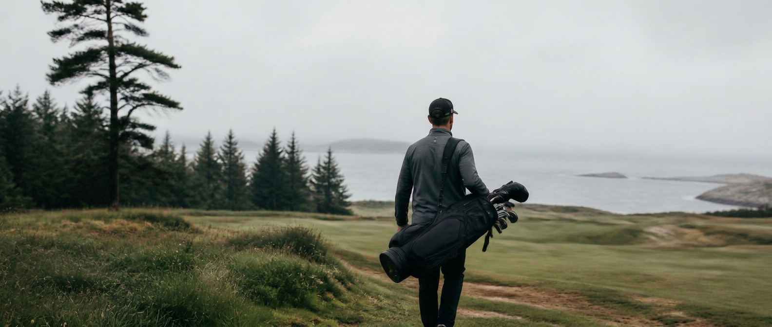 Golfare på en dimmig svensk kustfairway
